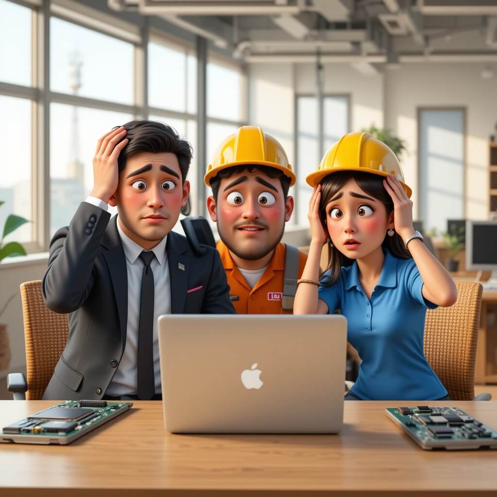 東和サーキット スーツ姿の男性とヘルメット被った男性とヘルメット被った女性がパソコンを見て頭を抱えている様子